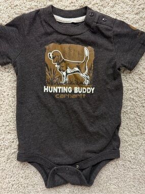 Carhartt charcoal baby onesie with brown hunting dog graphic